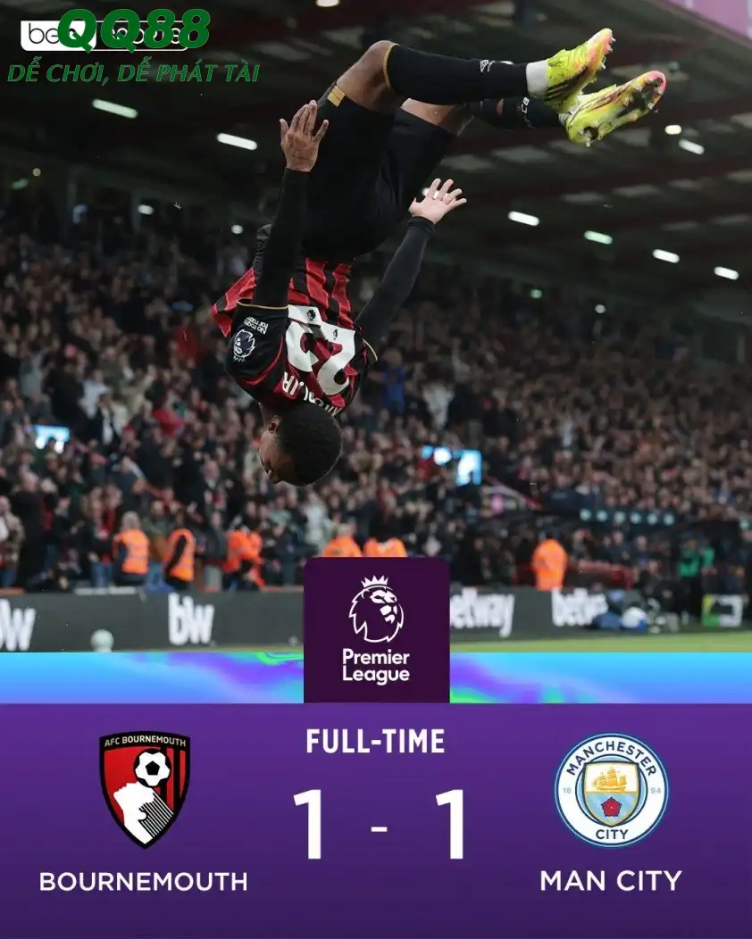 Man City chỉ có được 1 điểm trên sân của Bournemouth (Ảnh: Bein Sports)